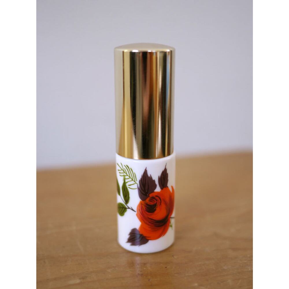 Vintage 40s Handpainted Rose Milk Glass & Brass Perfume Cologne Atomizer Sprayer
